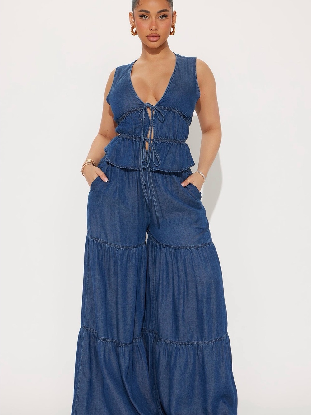 Fashion Nova Denim Blue Tiered Wide-Leg Jumpsuit